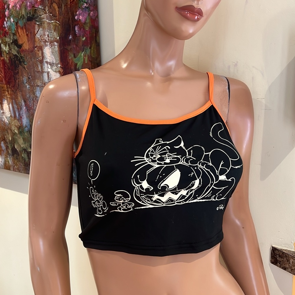 Black Smurfs Halloween crop top S mean cat & pumpkin nwt